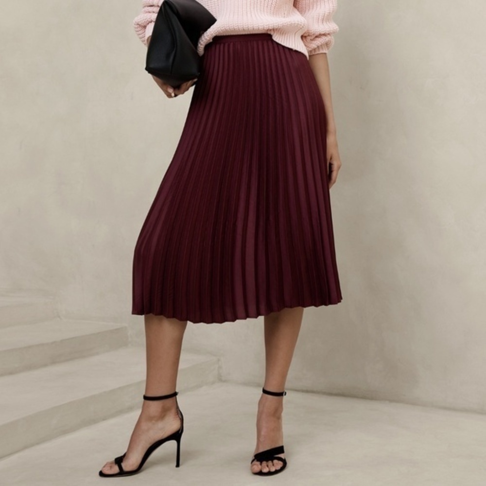 New Banana Republic Satin Pleated Midi Skirt Bright Wine Red 0